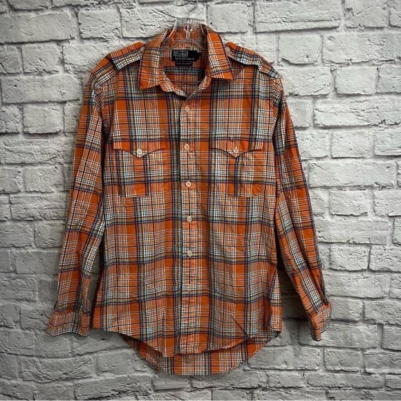 POLO RALPH LAUREN Trim Military LS Button Front Plaid Shirt Pastel mens medium - Picture 1 of 7